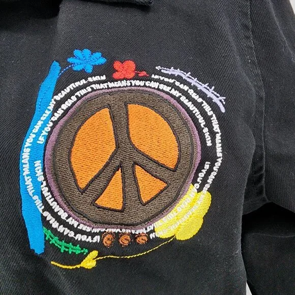 Forever 21+ Black Jacket With Embroidered Peace Sign "Black Is Power" Text Desig - Picture 6 of 12